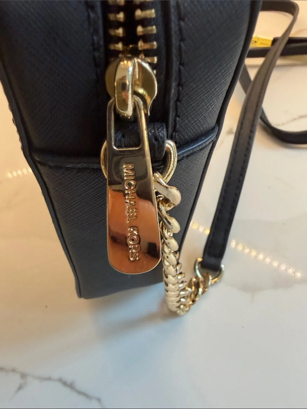 Michael Kors Black Leather Crossbody with Gold Chain Accents